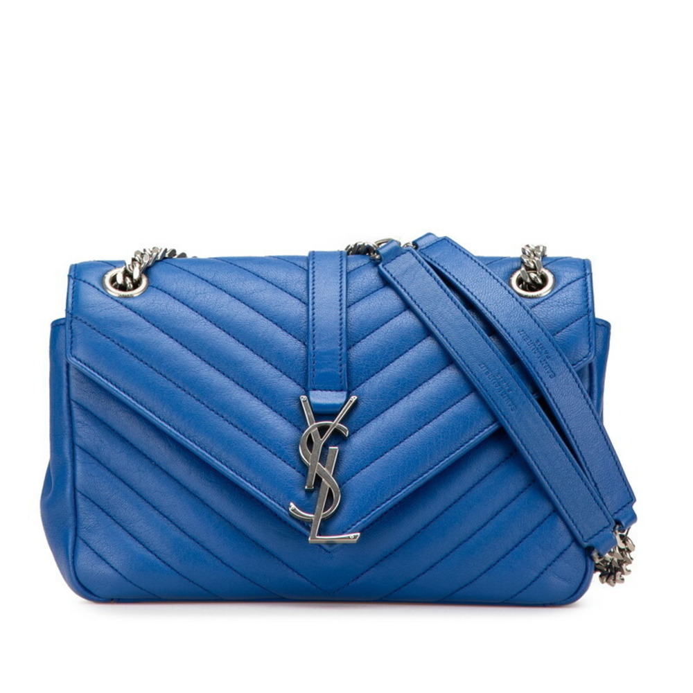 Saint Laurent YSL Monogram College Chain Shoulder Bag Blue Sheepskin